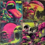 **early 1970s horror B-movie poster style UK bassline cover art, acid rave theme, dripping random objects with tongues out and sweat, chaotic mushrooms, exaggerated lighting, VHS grain, neon green and pink palette, hand-painted airbrush textures, campy sci-fi horror vibe, glowing outlines, dramatic composition, inspired by Phatworld, Mozey, Interplanetary Criminal, --ar 1:1 --v 7.0 --s 850 --q 2 --raw** - <@289277077293760513> (fast)
-# Create, explore, and organize on [midjourney.com](<https://midjourney.com/imagine?from_discord=1>)