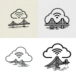 **simple line art icon of cloud with wireless connection, san francisco bridge below it --ar 53:59** - <@1169479941855920229> (fast)