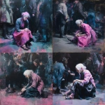 **A fast, strongly colored painting, heavily in tones of pink, white, purple-blue and black, Paris streets, Victorian era, focusing on an old beggar woman, shabby, sad, dirty, begging on the street, sitting, people around her, in a full-screen shot, dark atmosphere. Painted by Jenny Saville** - <@1106776019475636345> (fast)