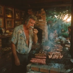 **grumpy Portuguese mustachio'd old man grilling delicious barbecue assorted meats, sausages and chicken over hot coals in a brick barbecue oven, wiping the sweat off his brow with tiny towel, with tanabata-inspired print shirt, photo taken with provia --p 39d6lqq** - Image #1 <@538878031226470440>