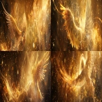 **Divine golden light rays descending from heaven onto floating elemental symbols (fire flame, water droplet, air swirl, earth crystal), angelic wings in background, warm amber and gold color palette, hyper-realistic spiritual energy, cinematic photography --ar 4:1 --v 6.0** - Variations (Strong) by <@900787127892180992> (relaxed)