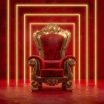 **an high definition opulent and rich looking red and metallic gold king's throne outlined in gold trim with dynamic gold glow illuminating from behind the throne. With golden neon squares cascading backwards in succession against a red background.** - Image #3 <@817880507983069194>
