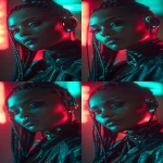 **realistic cyberpunk black female, at night, with neon lights in the background, red and turquoise. Strong light from above, on the face. High contrast. The female is looking towards the camera 3/4 view, she has braids, glowing eye cyber gear and an ear piece --ar 9:16** - Variations (Subtle) by <@1174469651695144981> (fast)
