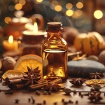 **A realistic amber glass tincture bottle rests on a wooden kitchen table surrounded by dried cardamom pods, cinnamon sticks, and orange peels. A small polished piece of granite sits nearby. The background shows a cozy November setting with a steaming cup of spiced tea, autumn leaves scattered, and soft firelight glowing. --v 6.0 --s 750** - Image #1 <@1090630909448949831>