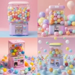**kawaii Japanese gachapon machine with colorful toy balls, transparent plastic toys, cute and festive, soft pastel background** - <@463656957367025669> (relaxed)