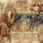 **full page scan of ocult cosmography, intricate details, faded colors, parchemin paper, illustration, intricate writing, decay, Leonardo Davinci style --ar 16:9** - Image #3 <@391048027051261958>