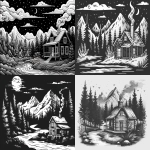 **Woodcut vector illustration of a cozy cabin in the woods, in black and white on a solid background. Smoke is coming from the chimney, with mountains in the distance and trees surrounding the house. A river is nearby. The illustration has a simple line art style, reminiscent of a woodblock print, with high contrast and bold lines. --ar 64:45 --v 6.0 --s 250** - <@756269320539209761> (fast)
-# Create, explore, and organize on [midjourney.com](<https://midjourney.com/imagine?from_discord=1>)