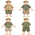 **a comic cartoon of a Neutral base body type of a 19-year-old European boy, short brown hair, wearing a a classic zookeeper outfit, khaki shirt with rolled-up sleeves, matching khaki shorts, barefoot, standing with arms down and arms open, looking directly at the camera, neutral pose and expression, no background, simple and minimal, reference base body suitable for boy and girl --ar 9:16 --stylize 750** - <@409716268476923920> (fast)