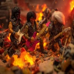 **heavy metal glamrock reptilian 80s hair bandsaw sawing through electric guitars, sparks and debris flying everywhereas the band plays "down with the thickness" --p djcuvnt --ar 4:3** - Image #1 <@948741381743083580>