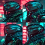 **realistic cyberpunk black female at night in a neon city background, red and turquoise. Strong with light from above, on the face. High contrast. The female is looking towards the camera 3/4 view, she has braids and a side shave, glowing eye cyber gear, glowing ear cyber gear. --ar 9:16 --v 7.0** - Variations (Strong) by <@1174469651695144981> (fast)