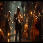 **Rats in suits and fedoras playing Jazz on vintage instruments in a dimly lit sewer, surrounded by mist and flickering lanterns; in the style with bold geometric shapes and expressive lines, blended with the cinematic noir and the moody atmospheric lighting, in stunning 32k resolution. Harlem Renaissance. --ar 16:9 --v 6.1** - Image #2 <@935178814189862912>