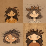 **a young woman with brown hair and black eyes has cockroaches holding a meeting inside her head. this is a simple drawing, in the style of a children's book illustration, with a brown paper background, flat colors, simple lines, and low detail with no shading. --ar 85:128 --q 2 --v 7.0** - <@692066457164709888> (relaxed)