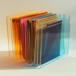 **Isolated product photo of a transparent acrylic file organizer holding colored folders, placed on a neutral background with soft drop shadow, camera at 45-degree angle, ultra-sharp edges and clear material rendering, minimal reflections, --ar 4:5 --v 6.1 --quality 2 --raw** - Image #1 <@1145244586088861708>