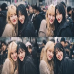 **a photo of two young k-pop idol girls in the city street, one blonde with bangs and long hair wearing stylish light autumn fashion (thin knit, skirt, or light jacket with a slight skin exposure like neckline or ankles), the other a black-haired girl in modern casual autumn attire (not too heavy, with subtle skin exposure such as wrists or legs), both smiling at the camera. the background is blurred cityscape to emphasize their expressions and interaction. no hats, natural hairstyle. --ar 3:2 --v 7.0** - Variations (Strong) by <@439649665210908673> (fast)