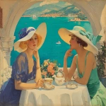 **<https://s.mj.run/kpWIqgf0c1A> pochoir illustration, hand-stencilled color, art deco fashion plate of two elegant women sharing afternoon tea on a sunlit terrace overlooking the Mediterranean, French Riviera, early 20th-century elegance, Pastel colors, planar composition, compressed depth, wide-brim straw hats with ribbons, provocative flowing dresses, intimate feminine friendship, relaxed posture, gossip, porcelain teacups and floral bouquet on a white tablecloth, turquoise sea with a small boat in the distance, arched terrace framing the view, late afternoon light, dreamy atmosphere, romantic, calm, aspirational lifestyle, timeless femininity, gentle color harmony, interior-design friendly, nostalgic yet modern, Pastel colors --ar 5:4 --stylize 200 --chaos 15 --v 7.0 --iw 0.5 --no orange dress** - Image #4 <@988364629556199494>