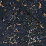 **moonlit jackrabbit, crescent moon and stars motifs, mystical boho, navy and gold accents, clean background, subtle grain --ar 4:5 --v 6.0 --no text --raw** - Variations (Strong) by <@1150647384779530290> (relaxed)