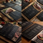 **a high-end restaurant menu design with black and gold details, showcasing steaks in the foreground on wooden planks. the menu features detailed information about each steak's quality, along with its name and price, presented against an elegant background. photorealistic style, shot from above, focusing on the intricate textures of wood and meat.** - <@1058622562147504138> (fast)