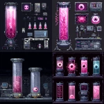 **pixel art spritesheet of high tech lab for a side scrolling game, pink embreo of baby beholder monster in water glass tube --v 7.0** - <@758874491680981014> (fast)
