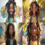 **a medium shot of a realistic illustrated happy 7-year-old African American female student from America, they have a well-defined nose and a well-defined jawline, they have brown eyes and long dreadlocks, they stand with their head and neck and shoulders completely square to the camera and facing forward, their entire body is facing forward, they wear a backpack, they have large headphones on their head, they stand in front of a white wall with bright graffiti art spray painted on it, it is daytime, the sun is shining bright, high-definition, anime-style, --ar 16:9 --niji 6** - <@1065025086664474674> (relaxed)