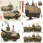 **a dnd style concept art with Ashley Wood details of two feudal japan wooden and old iron nuclear powered torpedo carrier battle locomotive, Japan Meiji era armada, have different number in the body, same size but not identical, dark industrial scifi style, labeled as armada best units, white-light sand color with wood camo accents and small hi-viz yellow and red hazard markings, mechanical details, Japanese characters graffiti on the bombs, realistic look, moody atmosphere, a little bit foggy, signal towers, various size nobori, various size lanterns, robotic-mechanical arms, have japanese anime mural on the body, signal cabbles, on a white background in the style of Studio Ghibli and Makoto Shinkai, cel-shaded, full-body, cartoon, 2D game art --ar 11:5** - <@1043498067623686144> (fast)