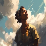 **low angle camera view, a character illustration, a black young muscular woman that made of golden light, she is looking to the sky and trying to reach out the clouds, craig mullins style --ar 4:3 --s 250 --v 5.0** - Image #1 <@942102369683001474>