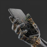 **iphone17, straight on, held by robot hand made of coding lines --v 7.0** - Image #4 <@1048326817838280714>