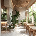 **A minimalist tropical restaurant design, seamless indoor-outdoor flow, white concrete walls, warm wood slats, lush indoor plants, rattan furniture, soft natural sunlight, serene atmosphere, architectural visualization --ar 3:2 --v 6.0** - Image #3 <@1296729788215595112>
