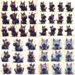 **a cute Scottish Terrier character emotion sheet, featuring 12 different emotional expressions and poses in a grid layout: happy, sad, angry, surprised, in love, sleepy, laughing, embarrassed, kissing, waving, cheering, proud rounded body, short limbs, large flat tail in back view, chibi proportions, fluffy fur with natural shading, big expressive eyes, warm and soft painterly illustration style, hand-painted brush textures, gentle pastel tones, Disney Pixar animation style, warm and gentle lighting, consistent proportions, white background with subtle horizontal guide lines, high-resolution artwork suitab** - <@872240455209857064> (fast)