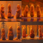 **A 3-view character turnaround of a cute anthropomorphic cartoon beaver, shown in front view, side view, and back view, fluffy and soft fur with rich texture, big expressive eyes, wide smile with visible teeth, rounded body, short limbs, large flat tail in back view, 3d Disney Pixar animation style, warm and gentle lighting, consistent proportions, beige background with horizontal guide lines, clean and high-resolution illustration --v 6.0 --ar 16:9 --sref 1539410027** - <@568812885007007745> (fast)