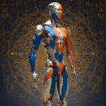 **full body ripped robotic masculine man / with exoskeleton made of forged aluminum / anodized in a combination of three stunning finishes to f refined silver, elegant deep blue and bold and eye-catching cosmic orange / electrifying / great and terrible beauty / background depicts ornate complex lattice patterns of beauty and wonder / full length view --no borders, frames, grids, split screens, tiles, women, girls, females** - Image #4 <@1080572898269466724>