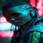 **realistic cyberpunk black female, at night, with neon lights in the background, red and turquoise. Strong light from above, on the face. High contrast. The female is looking towards the camera 3/4 view, she has braids, glowing eye cyber gear and an ear piece --ar 9:16** - Image #4 <@1174469651695144981>