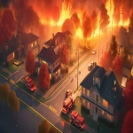 **a cinematic digital illustration of a fire emergency in a suburban neighborhood, two houses engulfed in flames, multiple red fire trucks parked nearby but not responding, grid-like road layout, surrounded by trees and small buildings, dramatic lighting, vibrant colors, satirical tone, visual irony, high detail, 3D isometric perspective --v 5.0 --ar 16:9** - Image #3 <@1049176212263686190>
