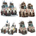 **a dnd style concept art of two feudal japan nuclear powered racing cars made from wood and iron that inspired by renault kangoo rally racing cars style, have a glass tank with mini nuclear reaction on the roof, have different number in the body, same size but not identical, dark industrial scifi style, labeled as word fastest racing cars, white color and hi-viz red racing decals with small yellow hazard markings, mechanical details, Japanese characters graffiti on the body, realistic look, moody atmosphere, a little bit foggy, signal antennas, various size nobori, have japanese anime stickers and some big racing sponsors decals on the body, signal cabbles, on a white background in the style of Studio Ghibli and Makoto Shinkai, cel-shaded, full-body, cartoon, 2D game art --ar 5:2** - <@1043498067623686144> (fast)
-# Create, explore, and organize on [midjourney.com](<https://midjourney.com/imagine?from_discord=1>)