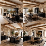 **A photo of a black large rectangle dining table in a bright and airy traditional modern dining room, wallpaper featuring vibrant earthy brown florals, natural oak ceiling beams, natural oak flooring, black console table, beige chairs, black tall cabinet in a corner, black rug, oak ceiling beams. Soft lighting illuminates the scene, highlighting details like gold accents or decorative items placed atop the tables. The photo was taken at eye level using Canon EOS R5 camera with standard lens, focusing on details and decor. --ar 4:5 --raw --v 7.0** - Variations (Strong) by <@1230559318680670299> (fast)