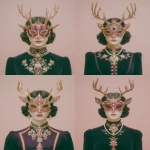 **woman wearing a mahogany moose mask, in the style of baroque-punk, thriftcore, outsider art, clockpunk, album covers, light orange and dark magenta, illustrative satire --ar 45:56 --s 750 --p 248jcws** - Variations (Strong) by <@1007106543935823902> (relaxed)
-# Create, explore, and organize on [midjourney.com](<https://midjourney.com/imagine?from_discord=1>)
