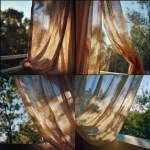 **Captured by a world-class luxury architectural and interior photographer, renowned for editorial storytelling and natural light mastery rich, pronounced 35mm film grain, subtle frame edge softness, authentic Kodak Portra 160 film texture pushed one stop, halation bloom on highlights, gentle color shift in shadows for analog realism, shot on Hasselblad 500CM close-up of a sheer linen curtain billowing inward, frozen mid-air as its weave glows golden in soft morning sun. Background shows blurred green treetops through the balcony glass. Light catches individual fibers of the fabric, while a small shadow of movement plays across the bed’s linen. Lifted shadows, gentle bloom in highlights, warm neutral tones, magazine-quality editorial detail.** - <@837237355722571776> (fast)
