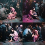 **A fast, strongly colored painting, heavily in tones of pink, white, purple-blue and black, Paris streets, Victorian era, focusing on a woman beggar, shabby, sad, dirty, begging on the street, sitting, people around her, in a full-screen shot, dark atmosphere. Painted by Jenny Saville.** - <@1106776019475636345> (fast)