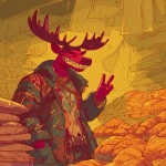 **a cartoonish red-skinned, boho-style reindeer with large, exaggerated teeth and antlers, grinning at the camera while making peace signs inside an underground market where stalls overflow with croissants, pain au chocolat, and golden flaky pastries, background glowing in warm buttery yellow hues, the reindeer’s skin rendered with detailed textured layers reminiscent of pastry crust, in the style of robert crumb, viennoiserie aesthetic --ar 85:128 --v 7.0 --p mwpi95x** - Image #3 <@451473582770618389>