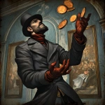 **a man catching coins in a numismatic madness --sref <https://s.mj.run/kKRWWBM5fkc> --v 7.0 --raw** - Image #1 <@285097557036761089>