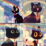 **cute happy black cat with yellow eyes and wearing white collar with red tie in sunny rainbow pastel cloudy sparkling futuristic utopia city poster "Literally 2084" --niji 7 --sref 817015524** - <@937851746712186921> (fast)