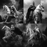 **an asthetic black and white photo, that shows king Balduin IV riding a white mayestetic horse** - <@884203831829868576> (fast)