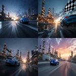 **A blue sports car in motion pulling into an oil refinery with the refinery easily visible. there is a large checkered finish line flag waving on the side. make it epic blue lighting. epic sky at dusk. cinematic --ar 3:2 --v 7.0** - <@1264975901624631358> (fast)