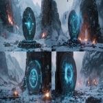 **A colossal medieval shield forged of ancient steel and ice, cracked through the center with glowing blue energy pouring from the fractures. The words "POLAR" and "FAVELA" are engraved across the front in powerful runic letters, shining with frost and arcane light. The shield is embedded deep into a stone pedestal, surrounded by snow, mist, and flying embers. Around it, an epic fantasy battlefield inspired by The Lord of the Rings warriors clashing, banners torn, explosions lighting the snowy valley beneath towering mountains. Blue energy pulses from the runes, illuminating the fog and falling snow. Cinematic lighting, cold blue mixed with warm fire glow, ultra-detailed, photorealistic, dark fantasy tone, high contrast, masterpiece composition, volumetric fog, 8K render --ar 299:131 --v 6.0 --chaos 9 --raw** - Variations (Strong) by <@593994185737240592> (fast)