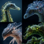 **a biomechanical alien plant creature generated from hybrid ostrich and crocodile DNA, highly detailed, transparent organic membranes, slime textures, glowing proto-cells, microscopic biology aesthetics, 8k** - <@823848252146450434> (fast)