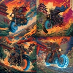 **A powerful vertical illustration of a fierce Sengoku-era samurai warrior in ornate, vividly colored traditional armor, riding a rugged motorcycle like a galloping warhorse, charging through a dramatic battlefield. The samurai leans forward gripping the handlebars as if holding reins, katana raised high, his cape and banners flowing wildly in the wind. The motorcycle’s wheels emit brilliant blue flames, glowing against clouds of dust and smoke. The background features richly layered scenery: a glowing Japanese castle bathed in sunset light, a majestic red torii gate, shimmering reflections of Lake Biwa, stone bridges weathered by battle, deep green forested mountains, and scattered tanuki statues with warm earthy tones. The composition emphasizes heroic motion, with dynamic dust trails, motion blur, and atmospheric lighting. High contrast between fiery oranges, deep blues, dark shadows, and glowing highlights. Designed for an A4 portrait cover, aspect ratio 3:4. Epic, cinematic, and vivid historical fantasy atmosphere.** - <@1224224013581160452> (fast)
