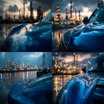 **a cinematic shot of a blue sports car hood with the reflection of an oil refinery in the hood's reflection. make it look epic. have a dark tone like before dusk --ar 3:2 --v 7.0** - <@1264975901624631358> (fast)