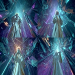 **a conceptual boss design of the game 'Rez', shows the player high-tech structures in a low-poly style.the boss should be designed and be the main object in the picure, a low poly retro neon portrait of an abstract low poly man with a pair of hands covering her eyes. she is wearing white and gold robes, and there is a halo behind her head. the scene conveys a sense of motion as the beams from the laser guns hit different parts of the structure. the environment has simple geometric shapes that indicates mirrors and library and the scrolls, and the dark background is complemented by the game's use of bright neon colors and glowing effects to create a sense of depth and excitement. the structure should have a religous feeling. --ar 16:9** - Variations (Strong) by <@816916814089027595> (fast)