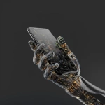 **iphone17, straight on, held by robot hand made of coding lines --v 7.0** - Image #4 <@1048326817838280714>