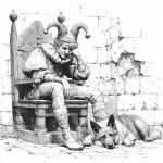 **black and white line art of a medeival court jester sitting on a king/s throne in the pose of rodin/s the thinker. The jester is wearing a jesterhat with three bulbous protrusions with bells on the tips. there is an old german shepherd dog lying down at the jester's feet laying down with its head on on a stone floor. the throne is in a castle room with stone walls that are beginning to decompose. --v 7.0** - Image #4 <@897244946770296893>