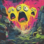 **80s horror B-movie poster style UK bassline cover art, acid rave theme, dripping yellow smiley faces with tongues out and sweat, chaotic debris, exaggerated lighting, VHS grain, neon green and pink palette, hand-painted airbrush textures, campy sci-fi horror vibe, glowing outlines, dramatic composition, inspired by Phatworld, Mozey, Interplanetary Criminal, --ar 1:1 --v 7.0 --s 850 --q 2 --raw** - Image #4 <@289277077293760513>